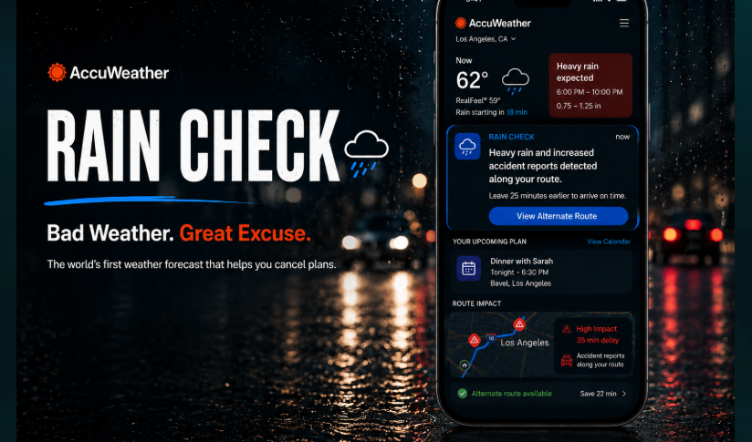 Rain Check concept interface showing rain timing, a dinner plan, route impact, accident reports, and an alternate route