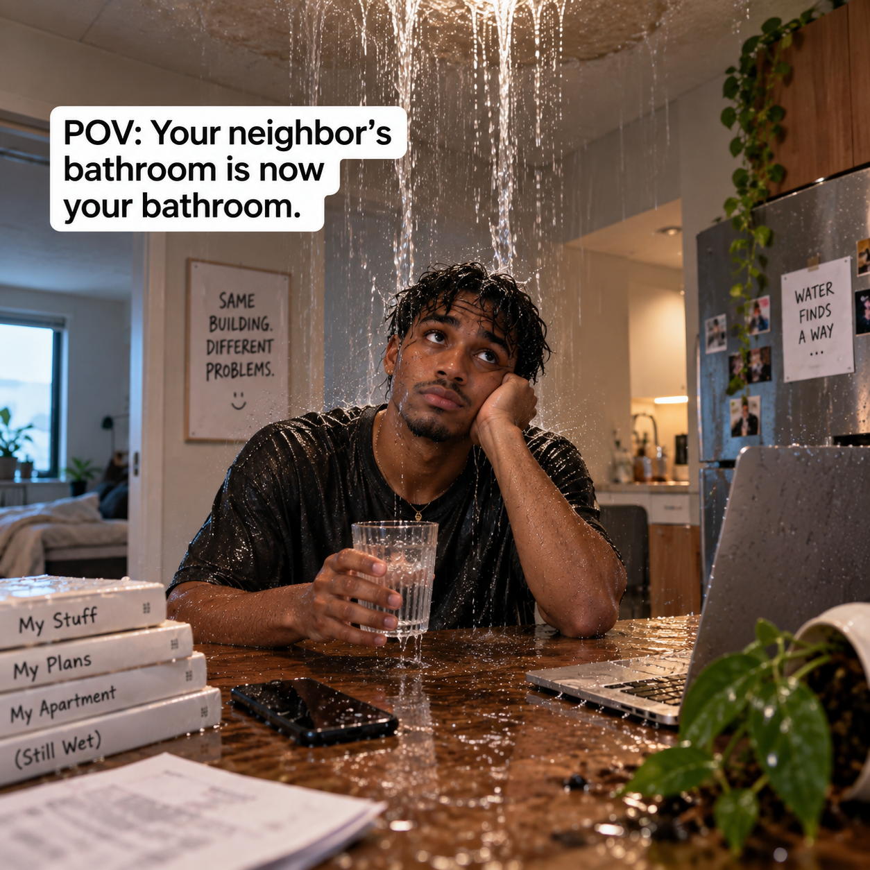 A renter sitting under water pouring from the ceiling with the headline: POV: Your neighbor’s bathroom is now your bathroom.