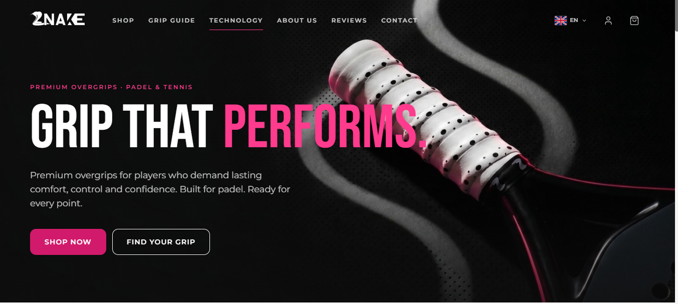 Znake Padel website featuring a close-up racket grip and the headline Grip That Performs